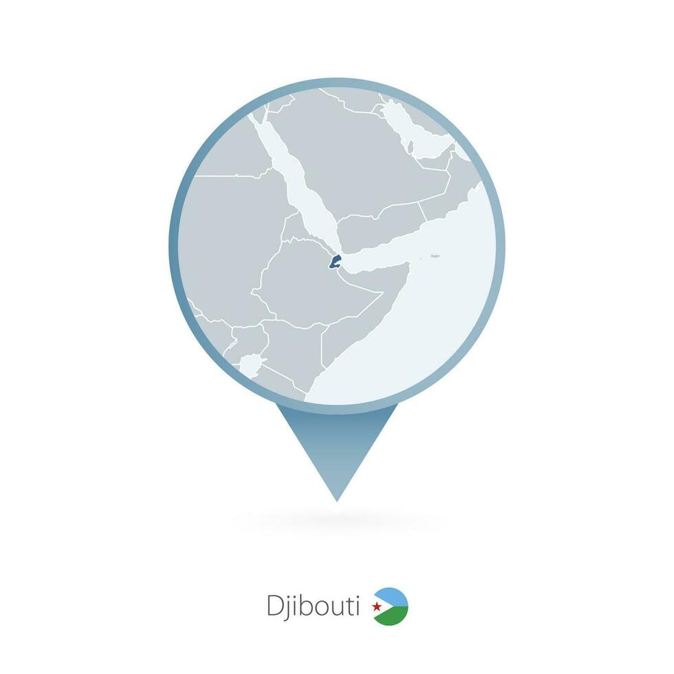Map pin with detailed map of Djibouti and neighboring countries. vector