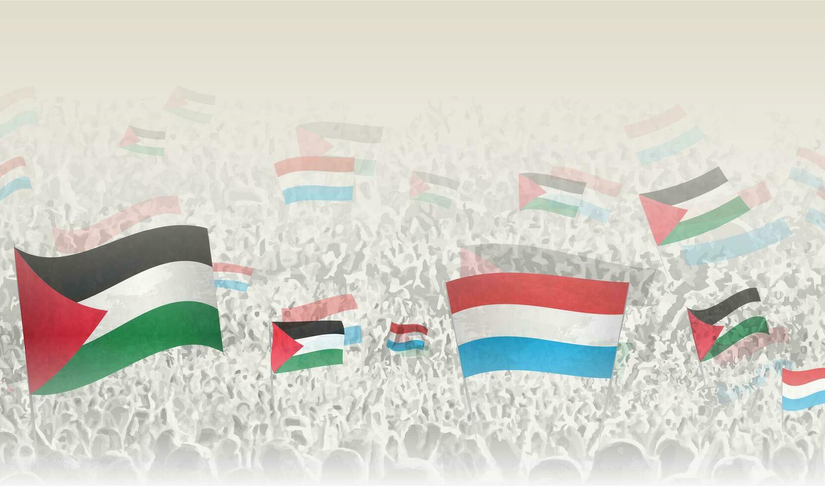 Palestine and Luxembourg flags in a crowd of cheering people. vector