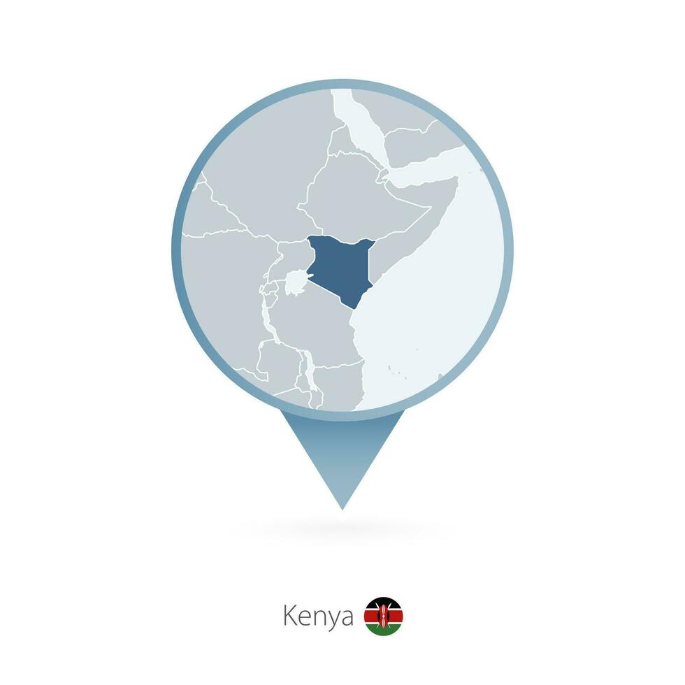 Map pin with detailed map of Kenya and neighboring countries. vector