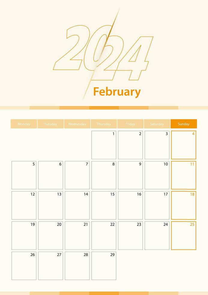 Modern vector vertical calendar sheet for February 2024, planner in English.