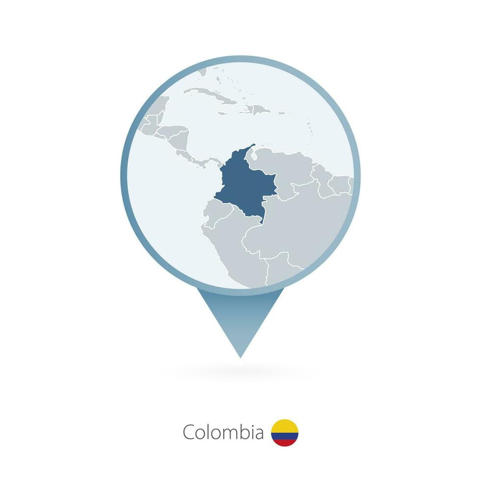 Map pin with detailed map of Colombia and neighboring countries. vector