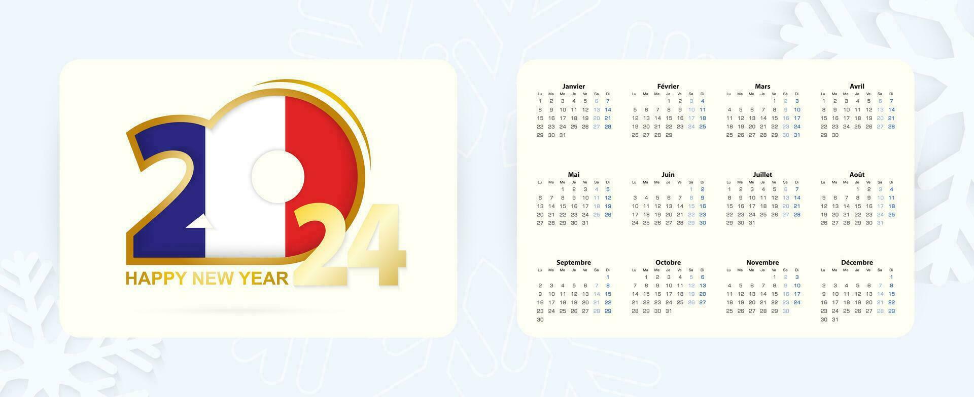 horizontal bolsillo calendario 2024 en francés idioma. nuevo año 2024 icono con bandera de Francia. vector