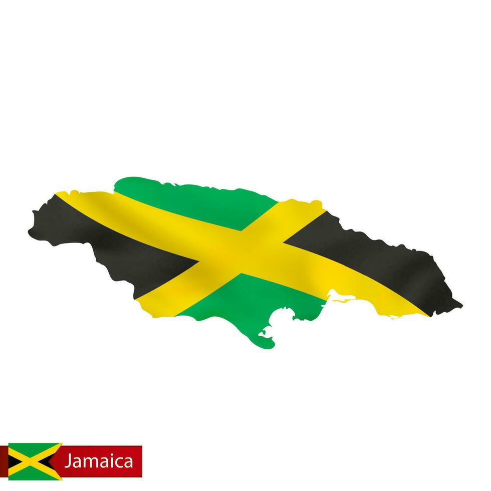 Jamaica map with waving flag of country. vector