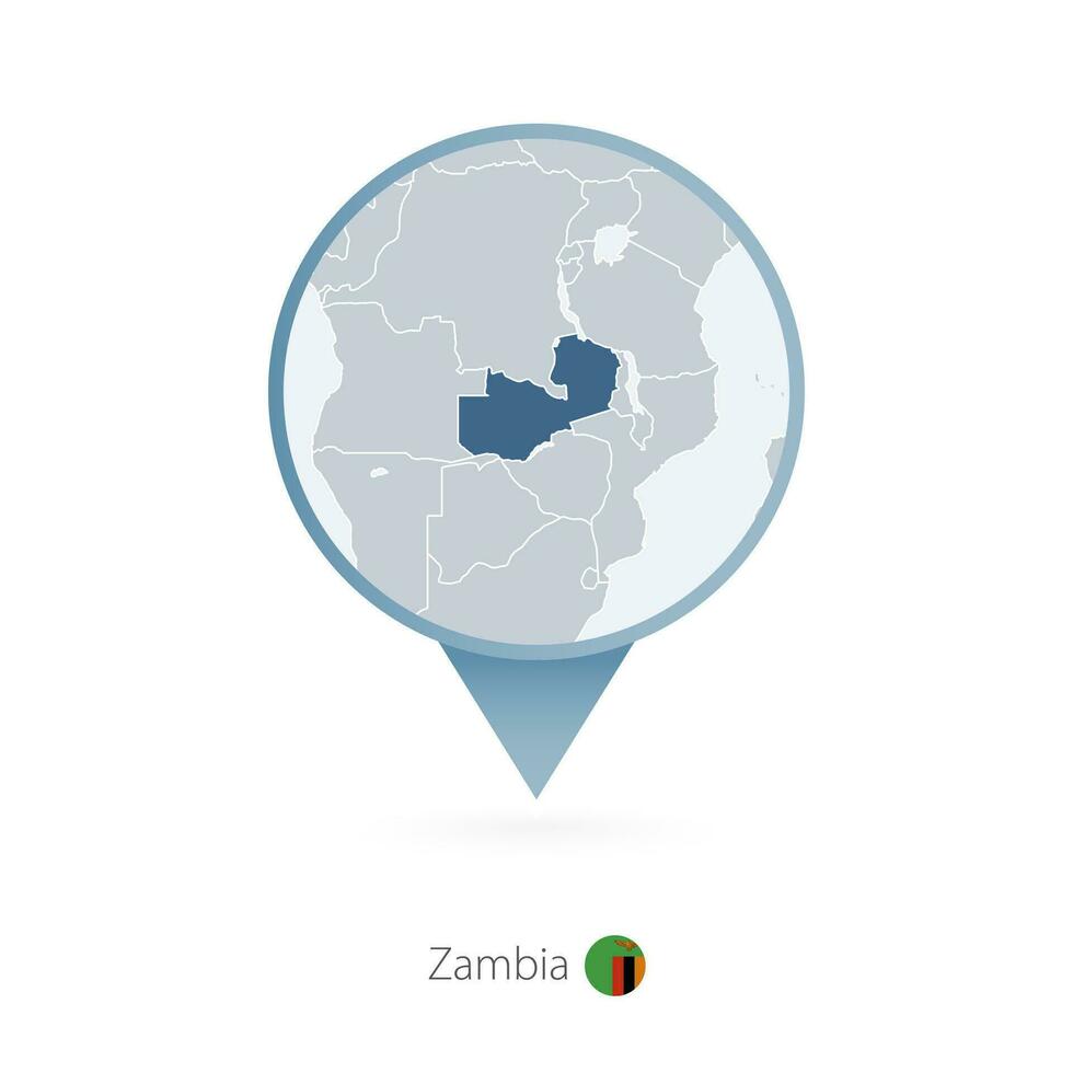 Map pin with detailed map of Zambia and neighboring countries. vector