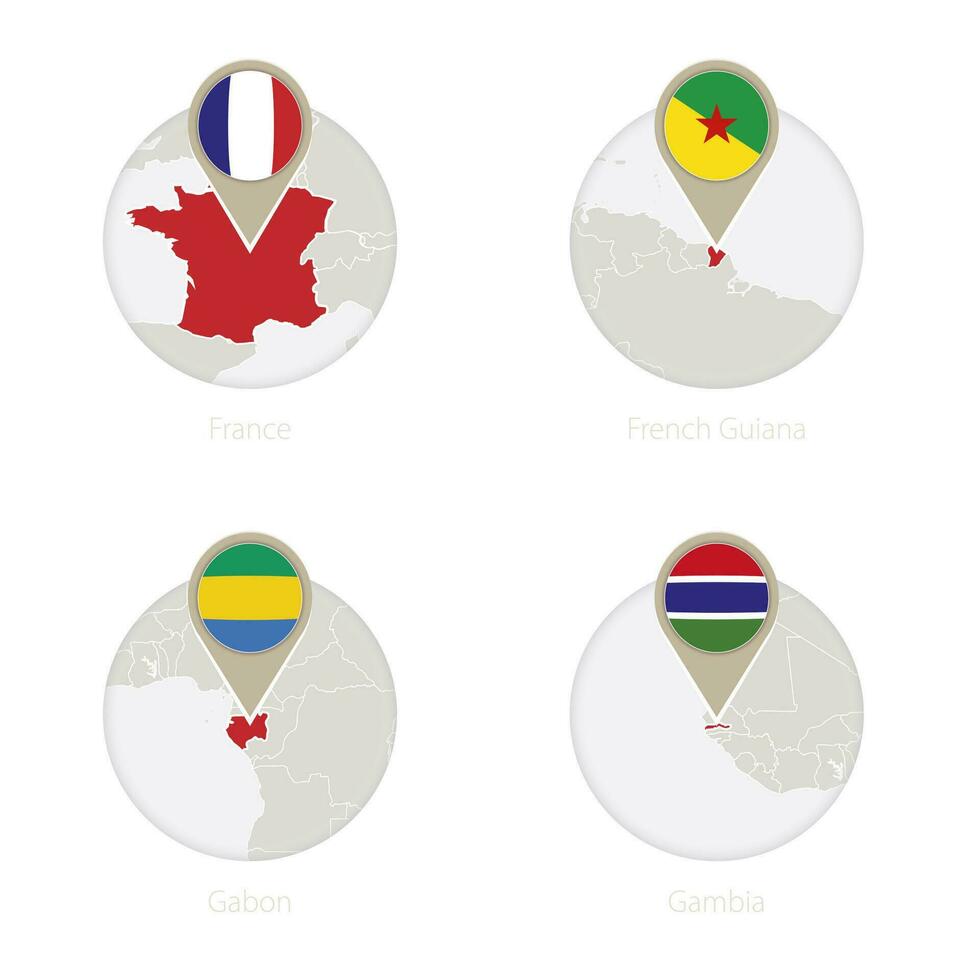 France, French Guiana, Gabon, Gambia map and flag in circle. vector