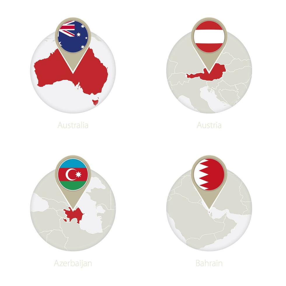 Australia, Austria, Azerbaijan, Bahrain map and flag in circle. vector