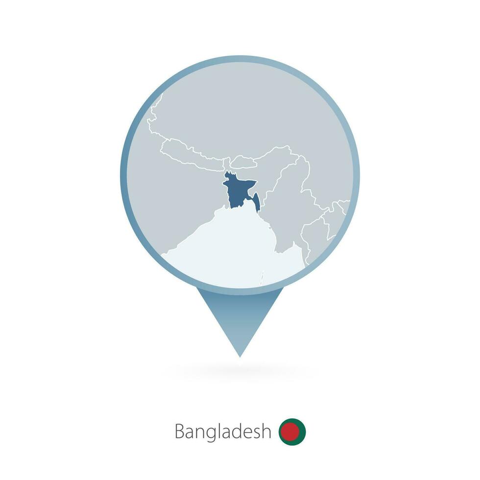 Map pin with detailed map of Bangladesh and neighboring countries. vector