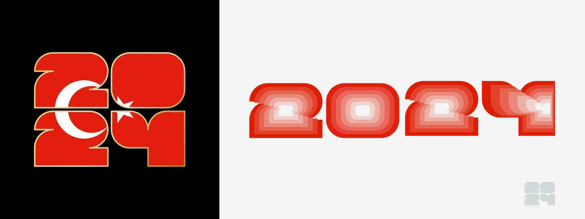 Year 2024 with flag of Turkey and in color palate of Turkey flag. Happy New Year 2024 in two different style. vector