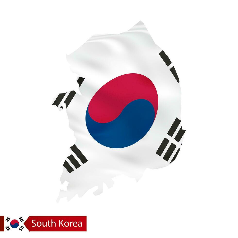 South Korea map with waving flag of country. vector