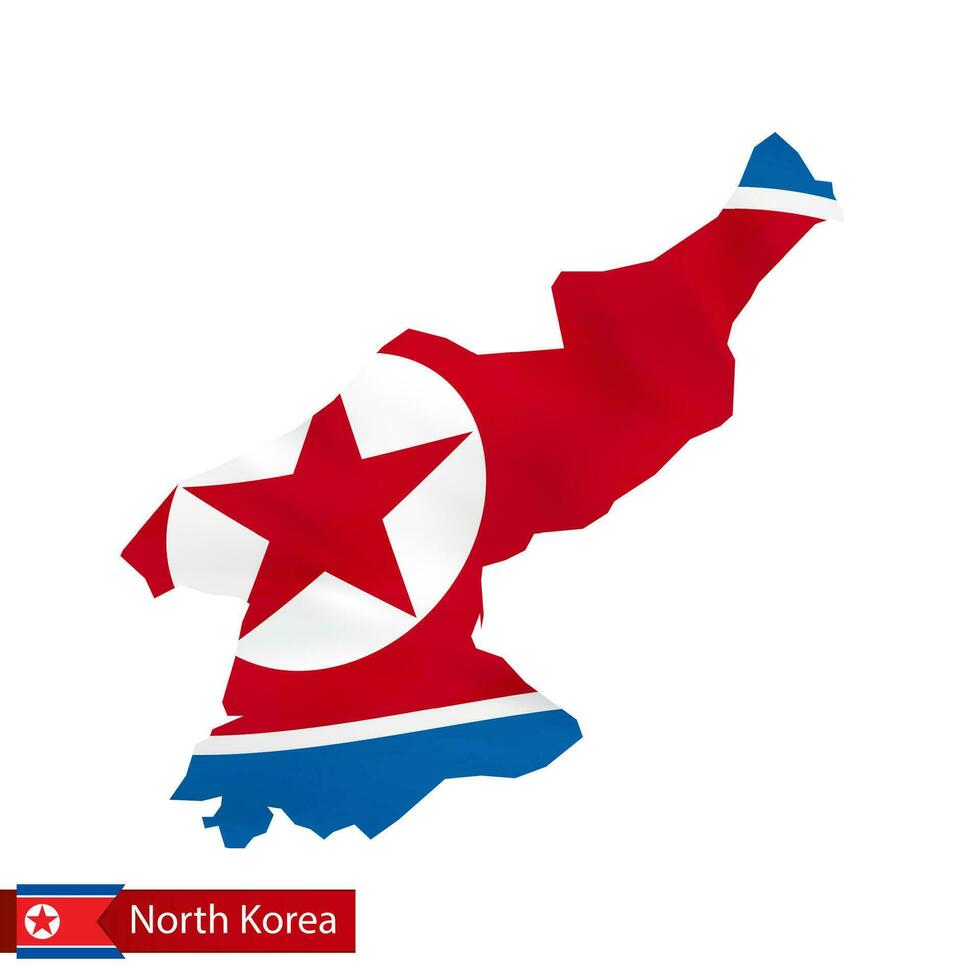 North Korea map with waving flag of country. vector