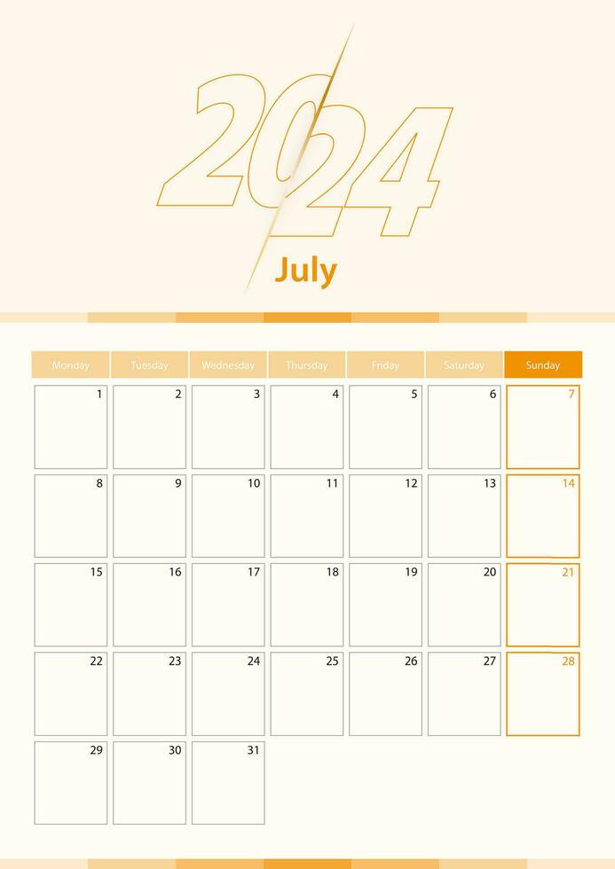 Modern vector vertical calendar sheet for July 2024, planner in English.