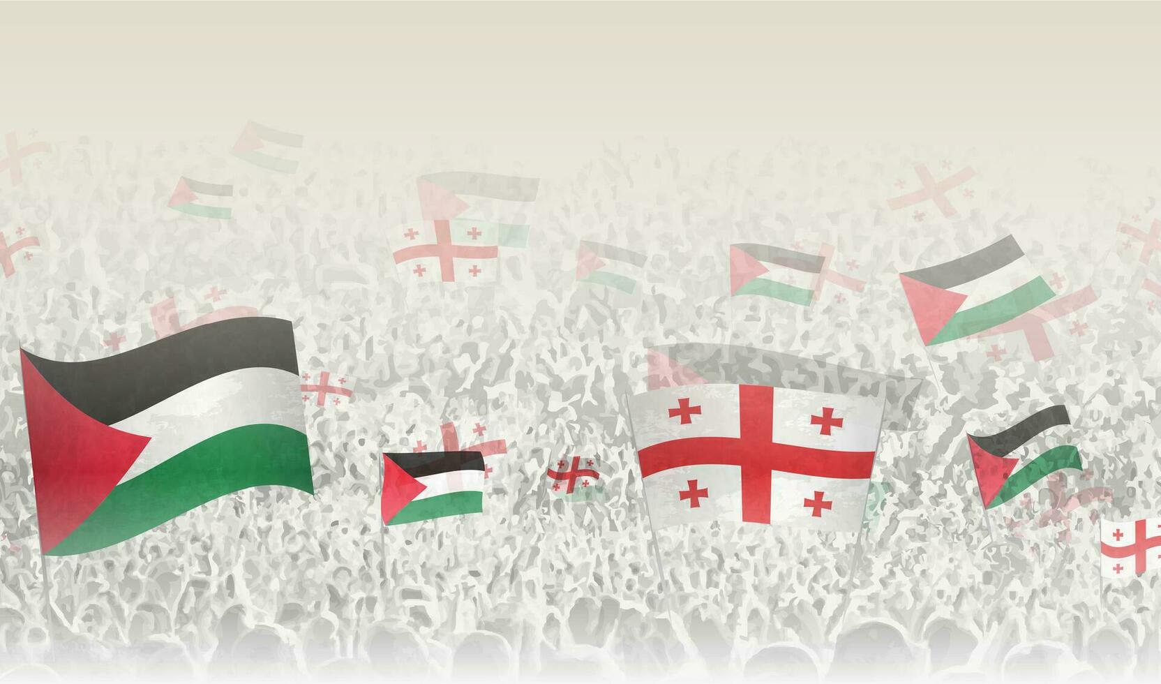 Palestine and Georgia flags in a crowd of cheering people. vector