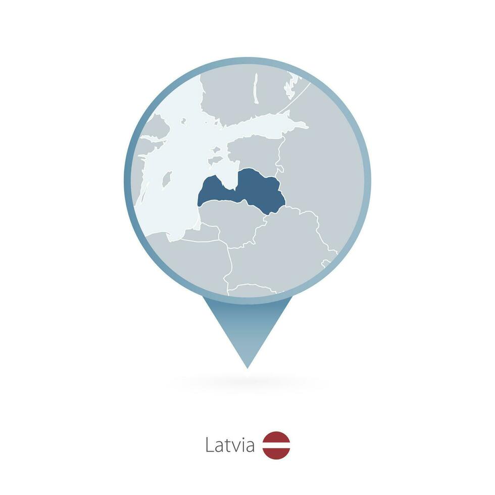 Map pin with detailed map of Latvia and neighboring countries. vector