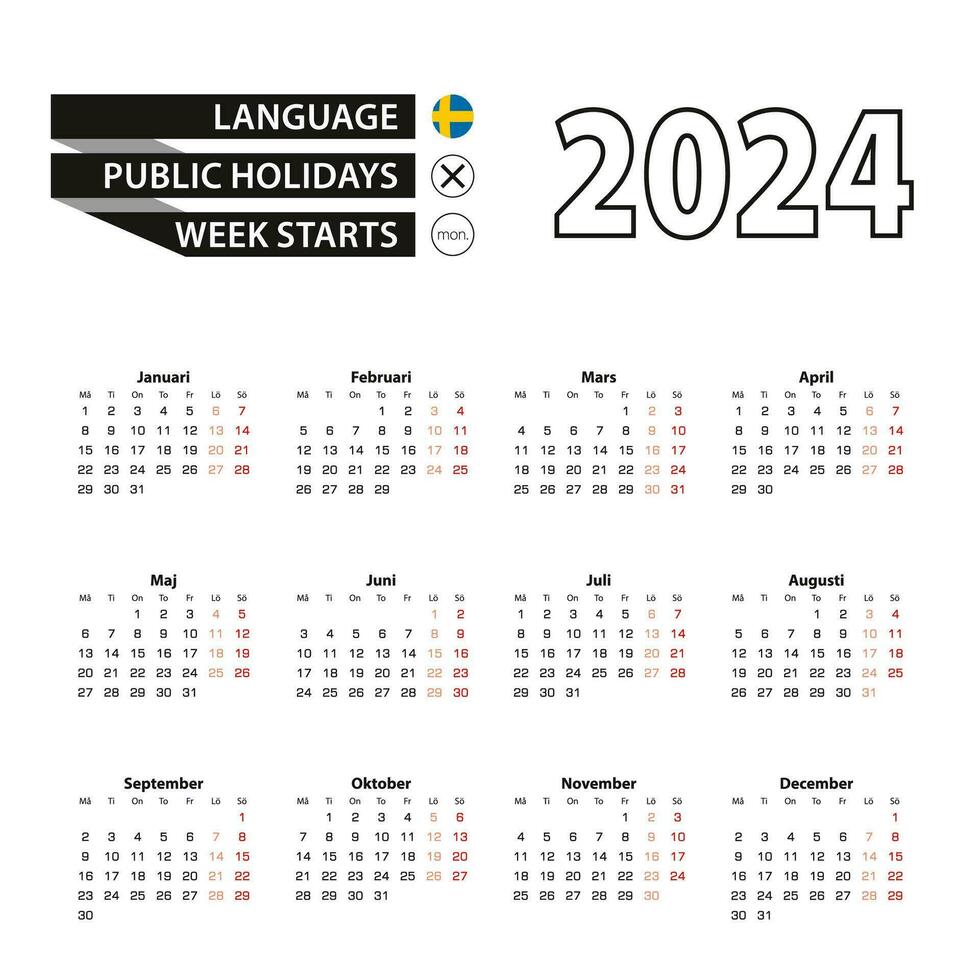 Calendar 2024 in Swedish language, week starts on Monday. vector