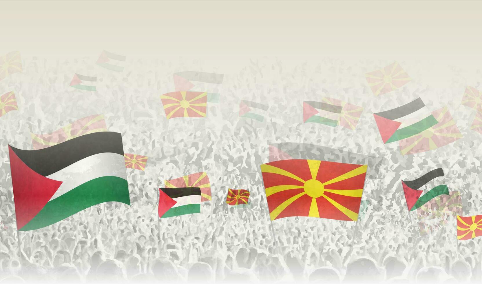 Palestine and North Macedonia flags in a crowd of cheering people. vector