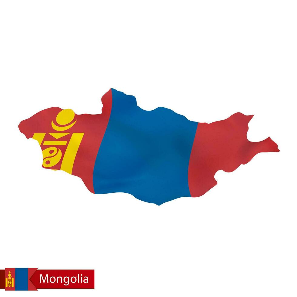 Mongolia map with waving flag of country. vector
