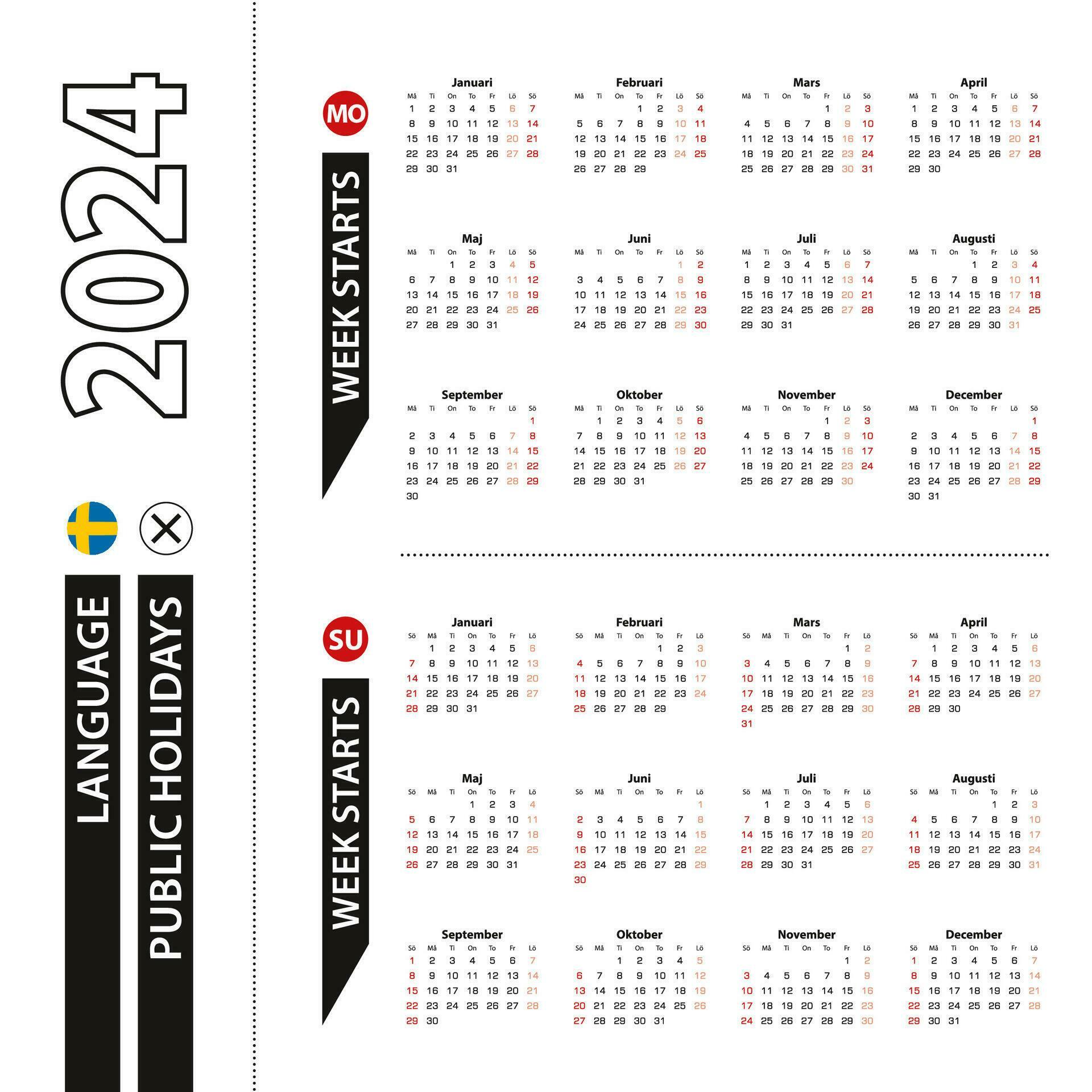 Two versions of 2024 calendar in Swedish, week starts from Monday and