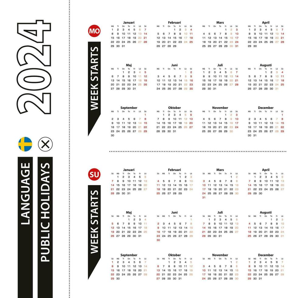 dos versiones de 2024 calendario en sueco, semana empieza desde lunes y semana empieza desde domingo. vector