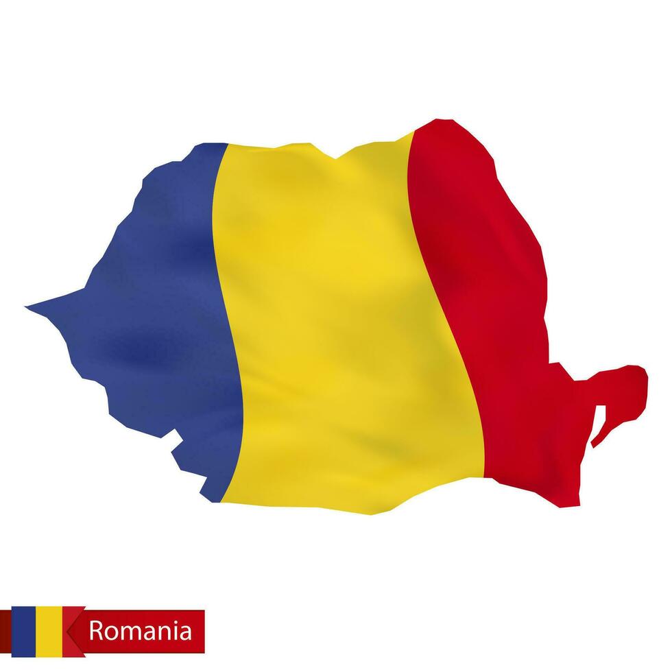 Rumania mapa con ondulación bandera de Rumania. vector