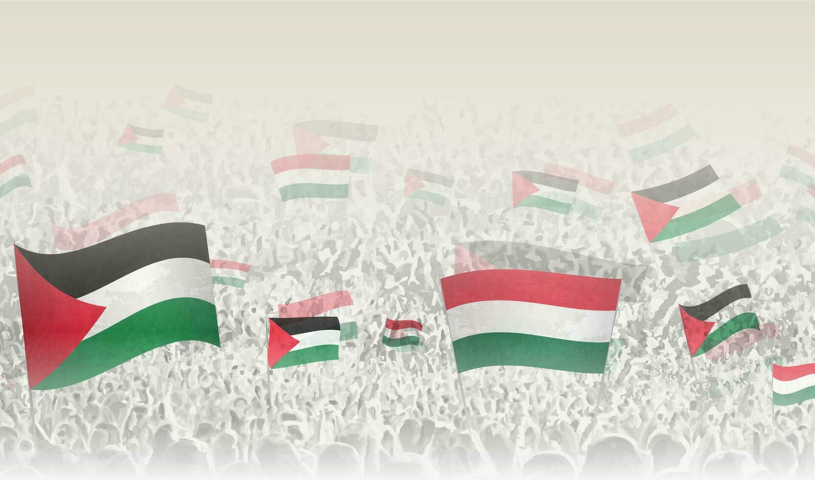 Palestine and Hungary flags in a crowd of cheering people. vector