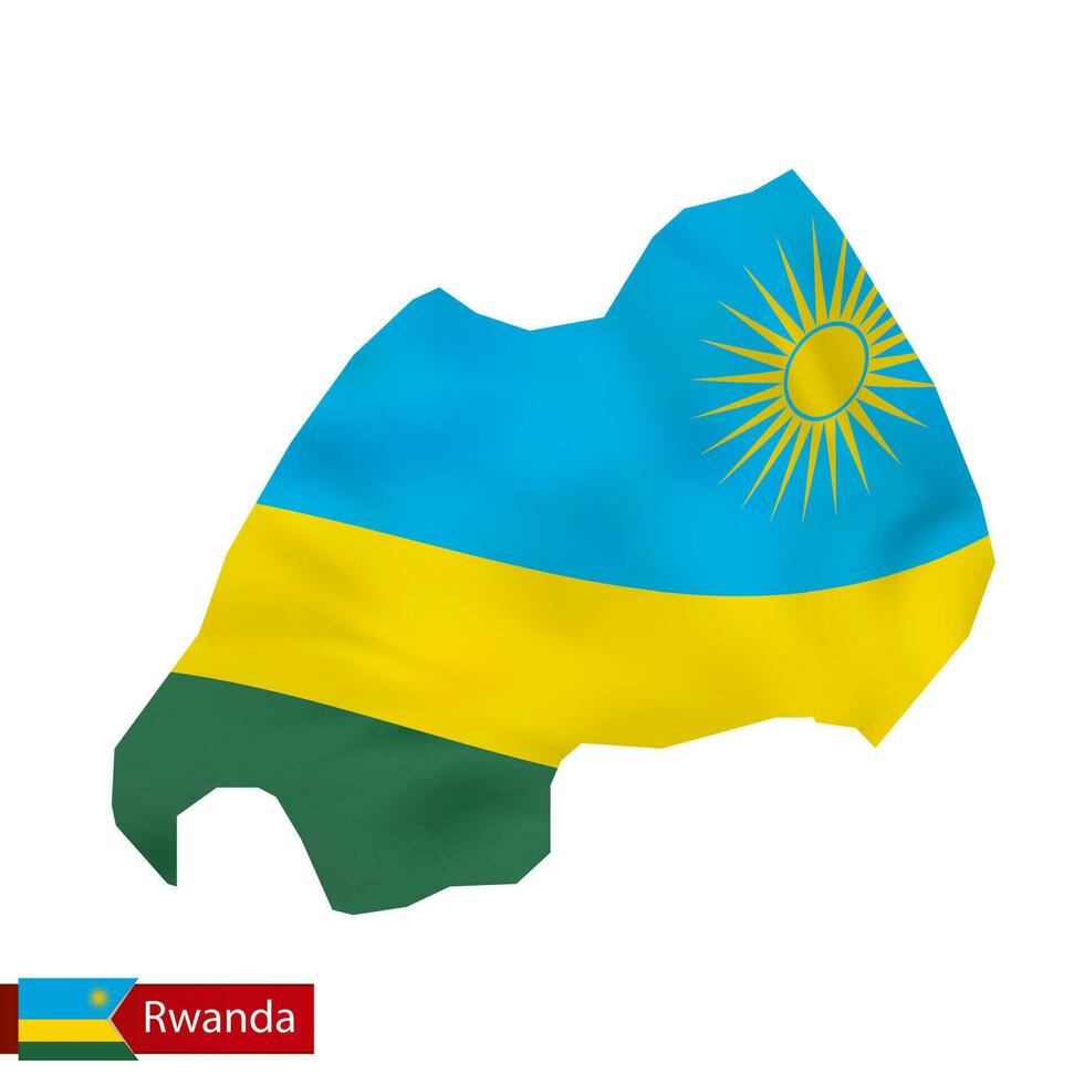 Rwanda map with waving flag of country. vector