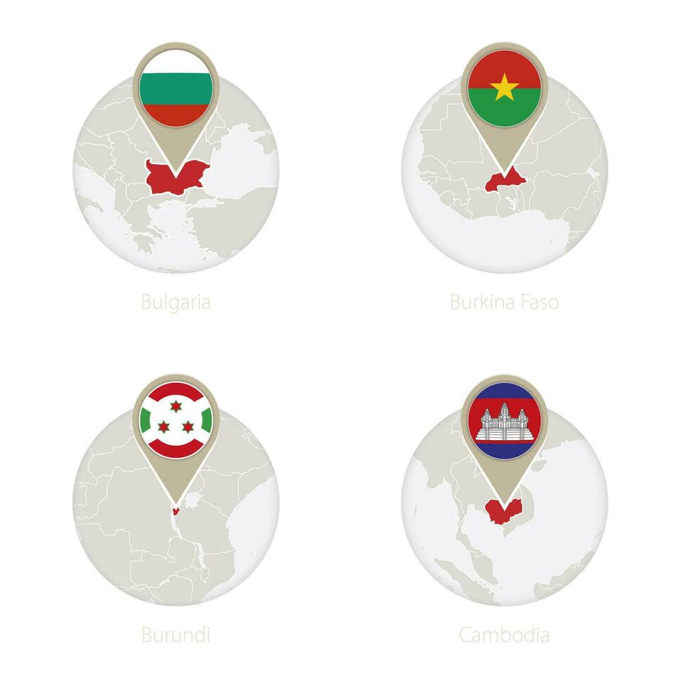 Bulgaria, Burkina Faso, Burundi, Cambodia map and flag in circle. vector
