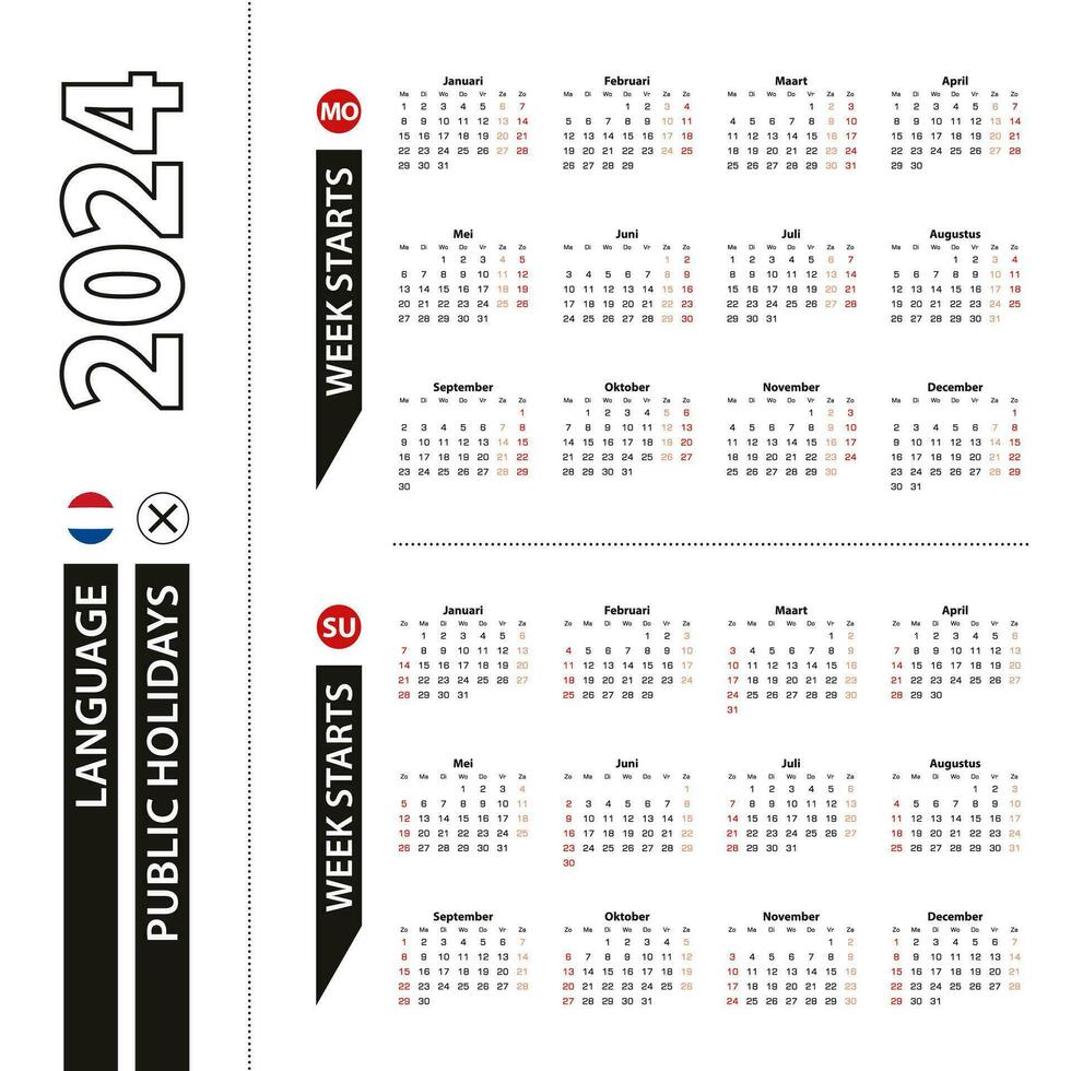 Two versions of 2024 calendar in Dutch, week starts from Monday and week starts from Sunday. vector