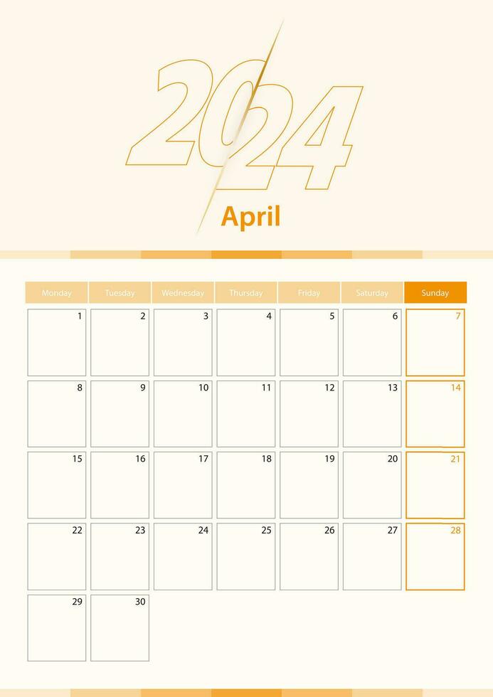 Modern vector vertical calendar sheet for April 2024, planner in English.
