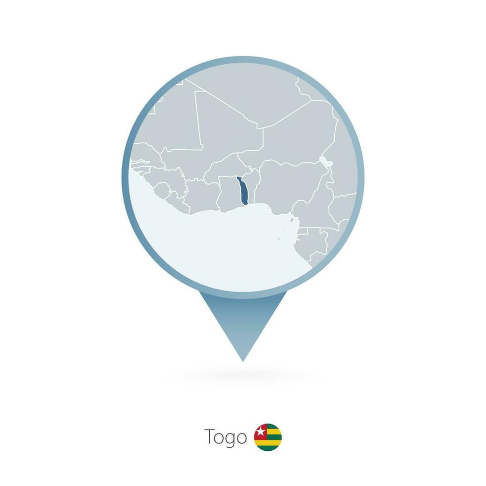 Map pin with detailed map of Togo and neighboring countries. vector