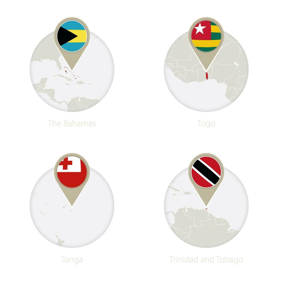 The Bahamas, Togo, Tonga, Trinidad and Tobago map and flag in circle. vector