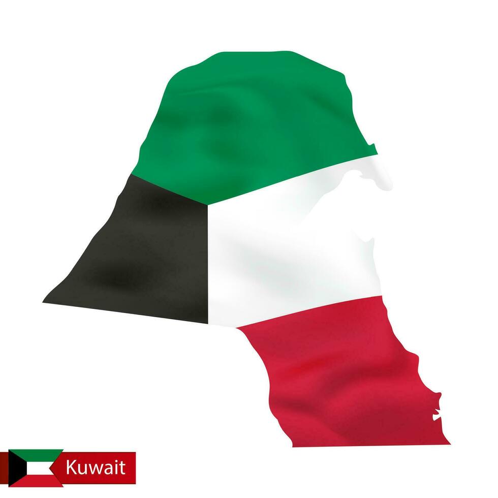 Kuwait map with waving flag of country. vector