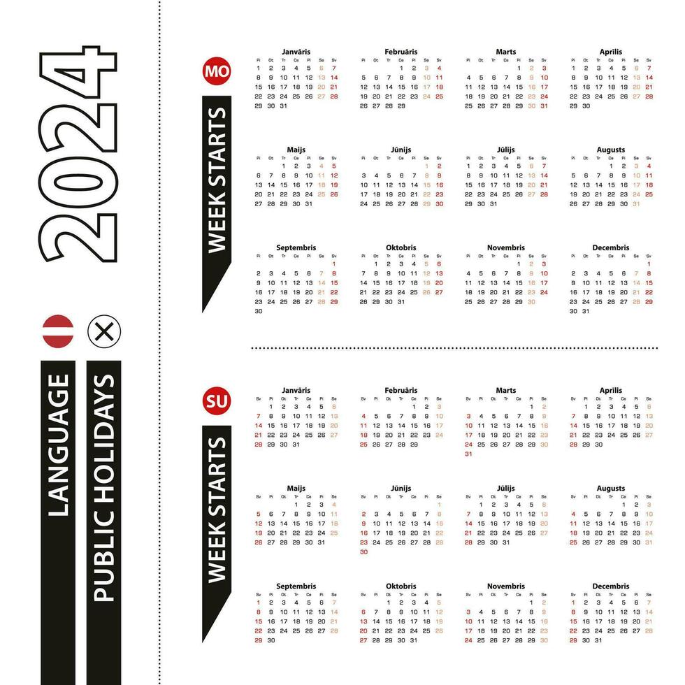 Two versions of 2024 calendar in Latvian, week starts from Monday and week starts from Sunday. vector