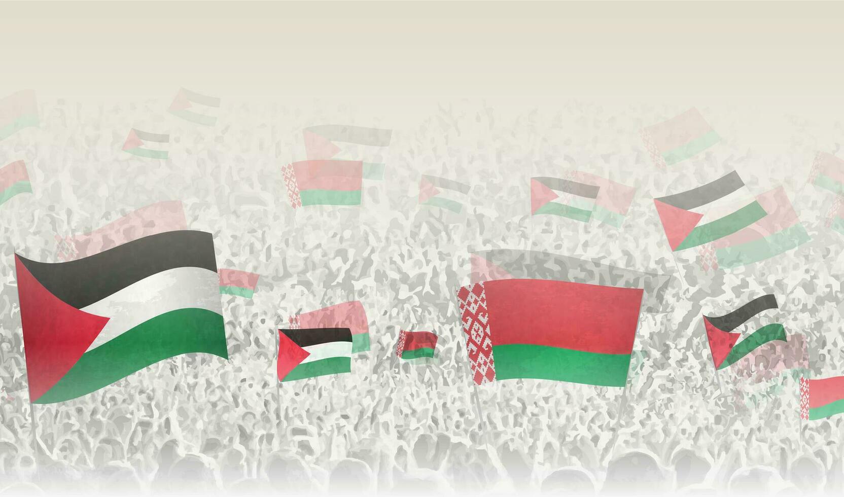 Palestine and Belarus flags in a crowd of cheering people. vector