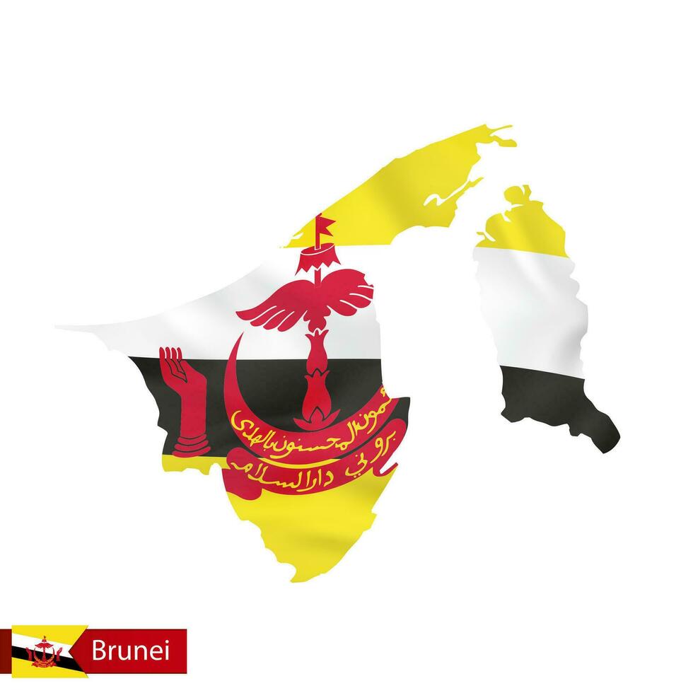 Brunei mapa con ondulación bandera de país. vector