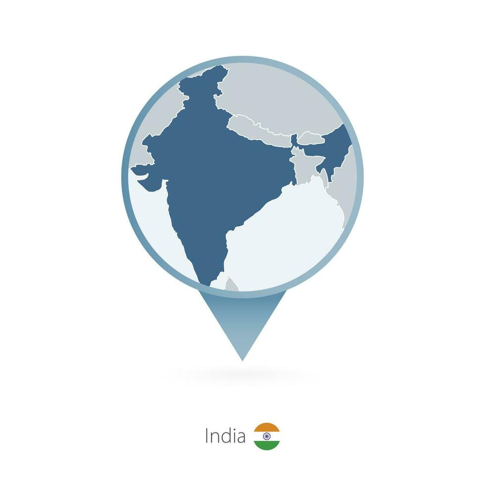 Map pin with detailed map of India and neighboring countries. vector