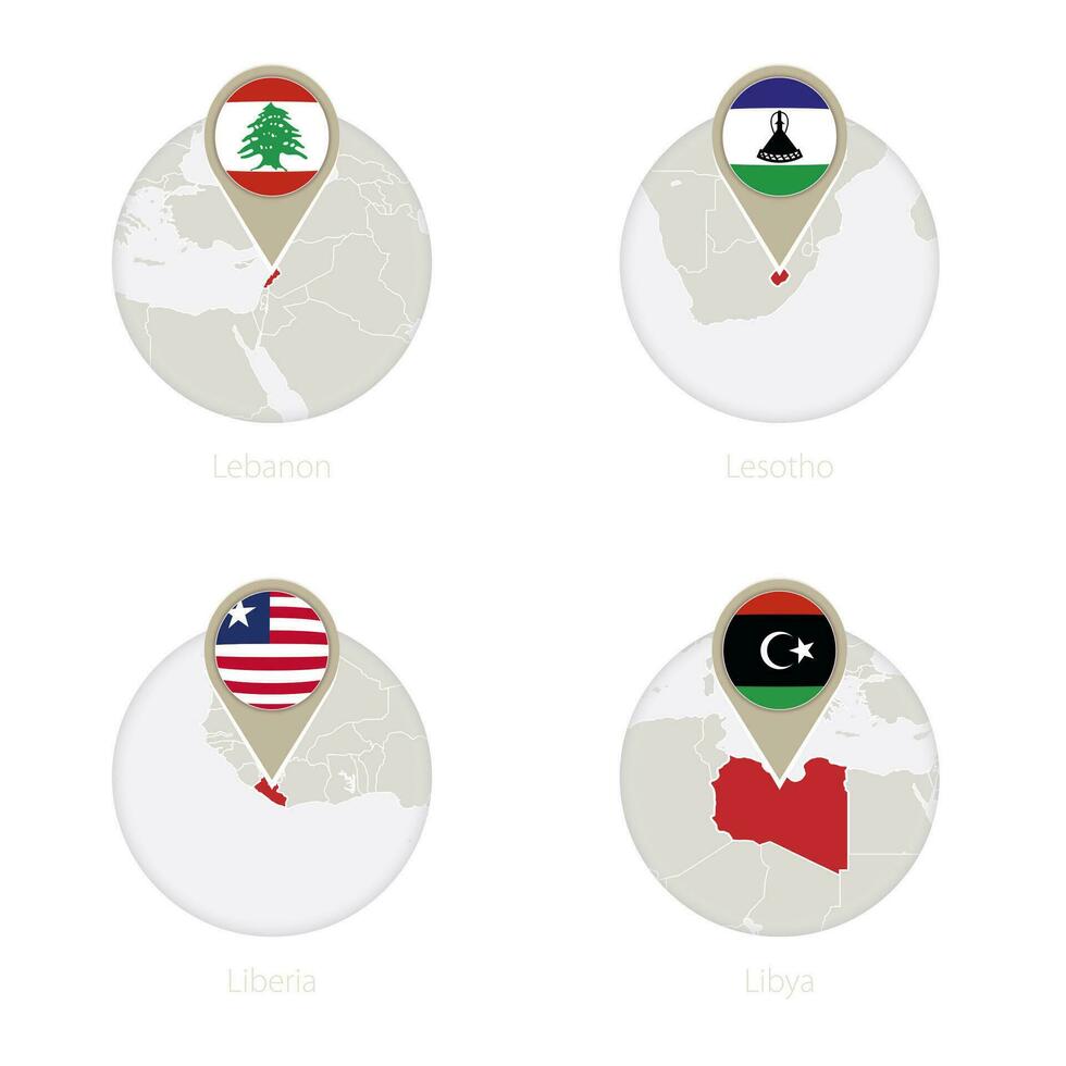 Líbano, Lesoto, Liberia, Libia mapa y bandera en círculo. vector