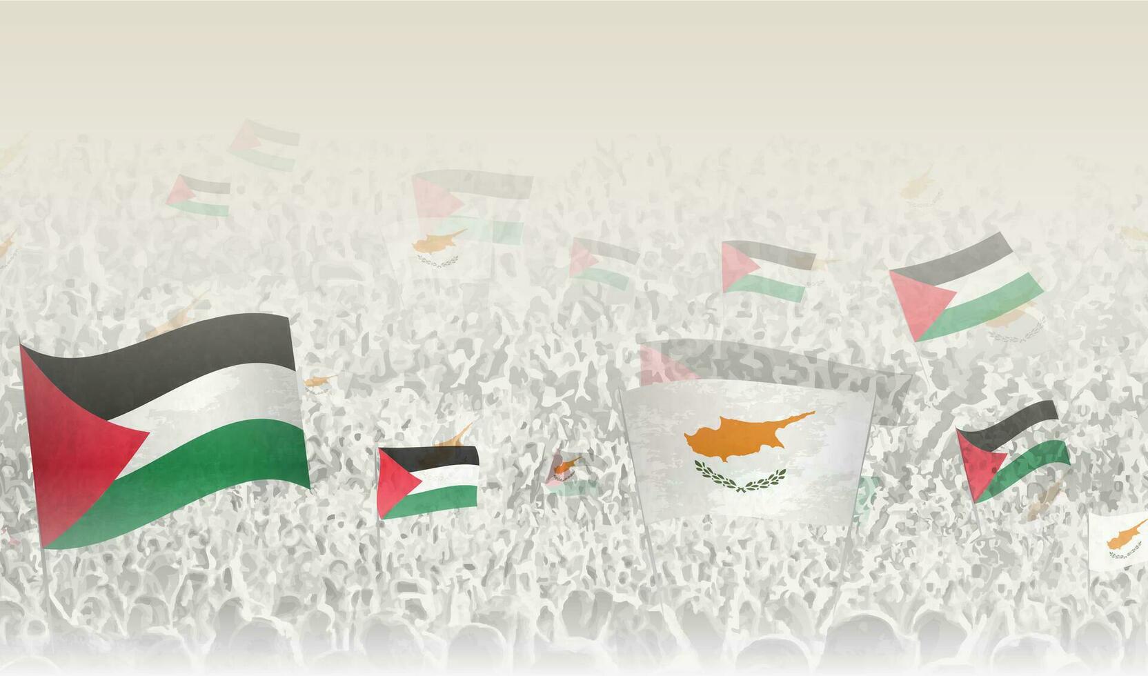Palestine and Cyprus flags in a crowd of cheering people. vector
