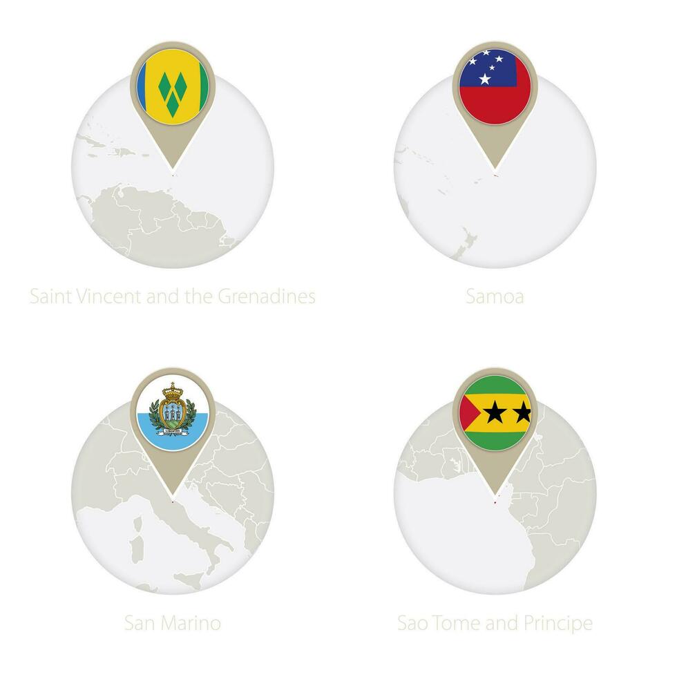 Saint Vincent and the Grenadines, Samoa, San Marino, Sao Tome and Principe map and flag in circle. vector