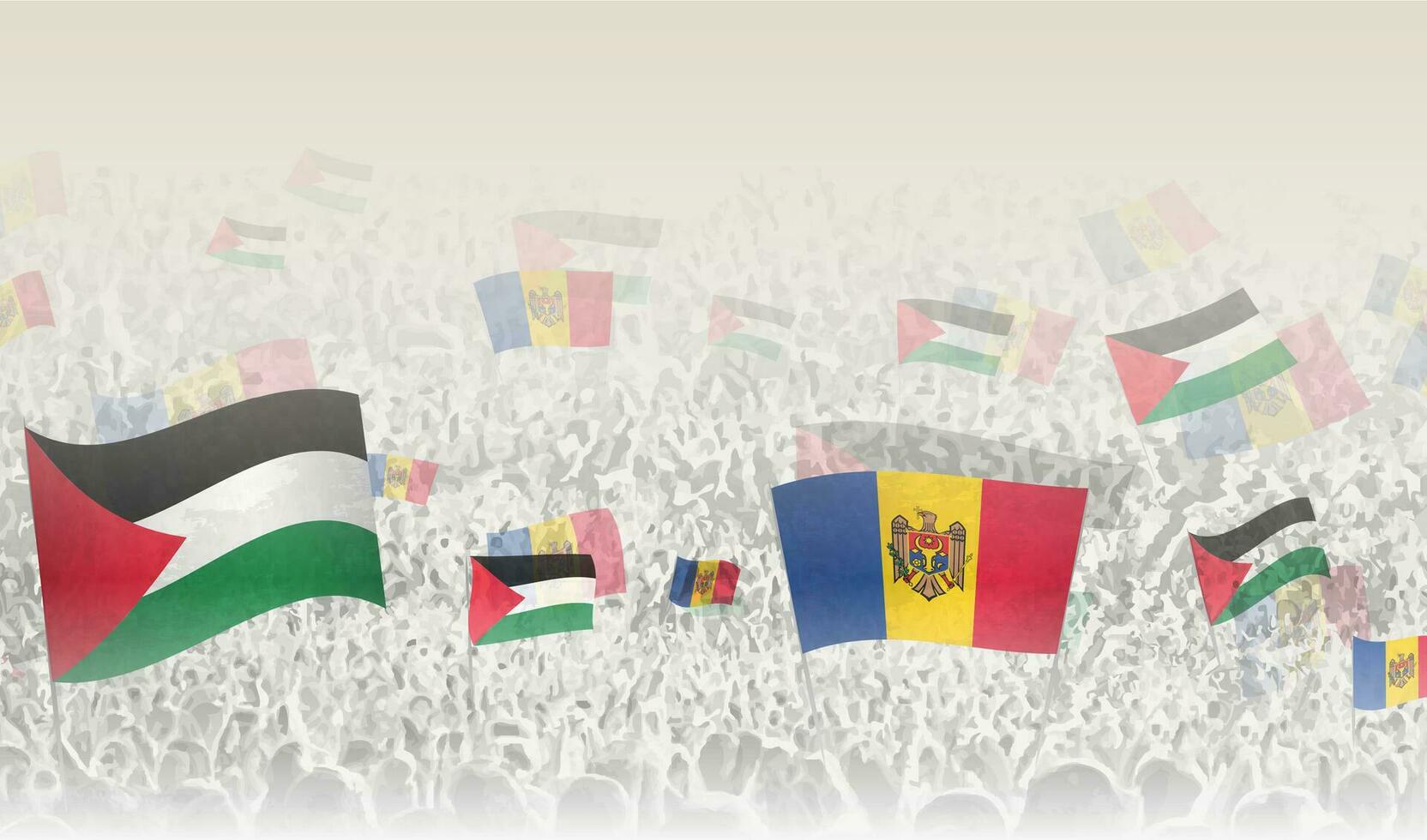 Palestine and Moldova flags in a crowd of cheering people. vector