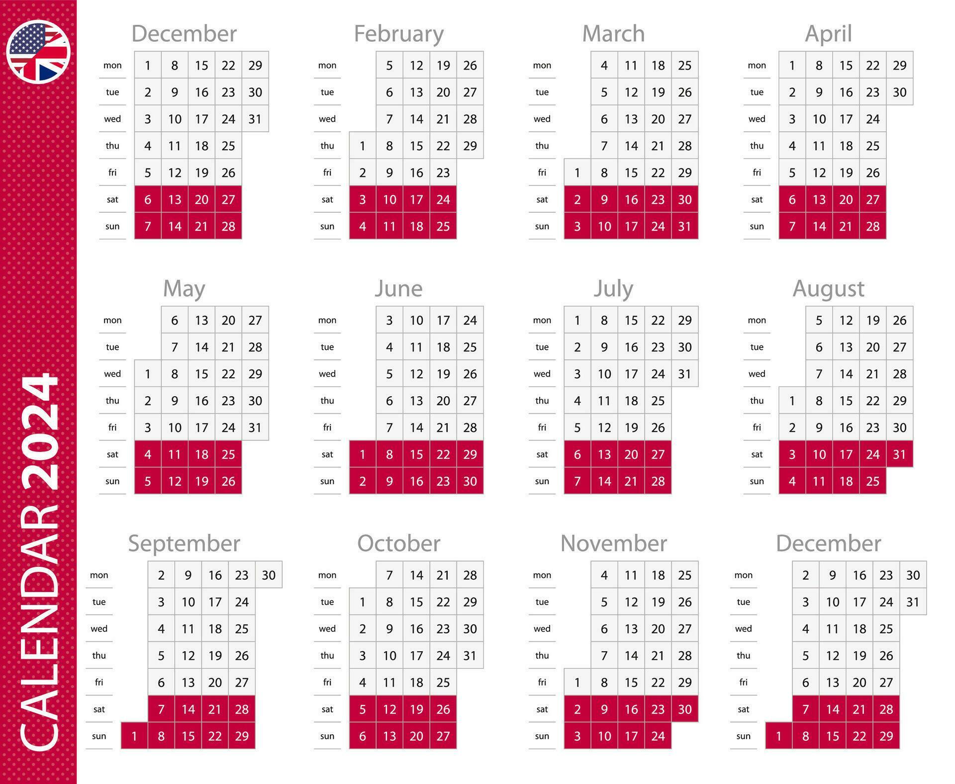 2024 calendar with vertical grid. Vector calendar. 34323417 Vector Art