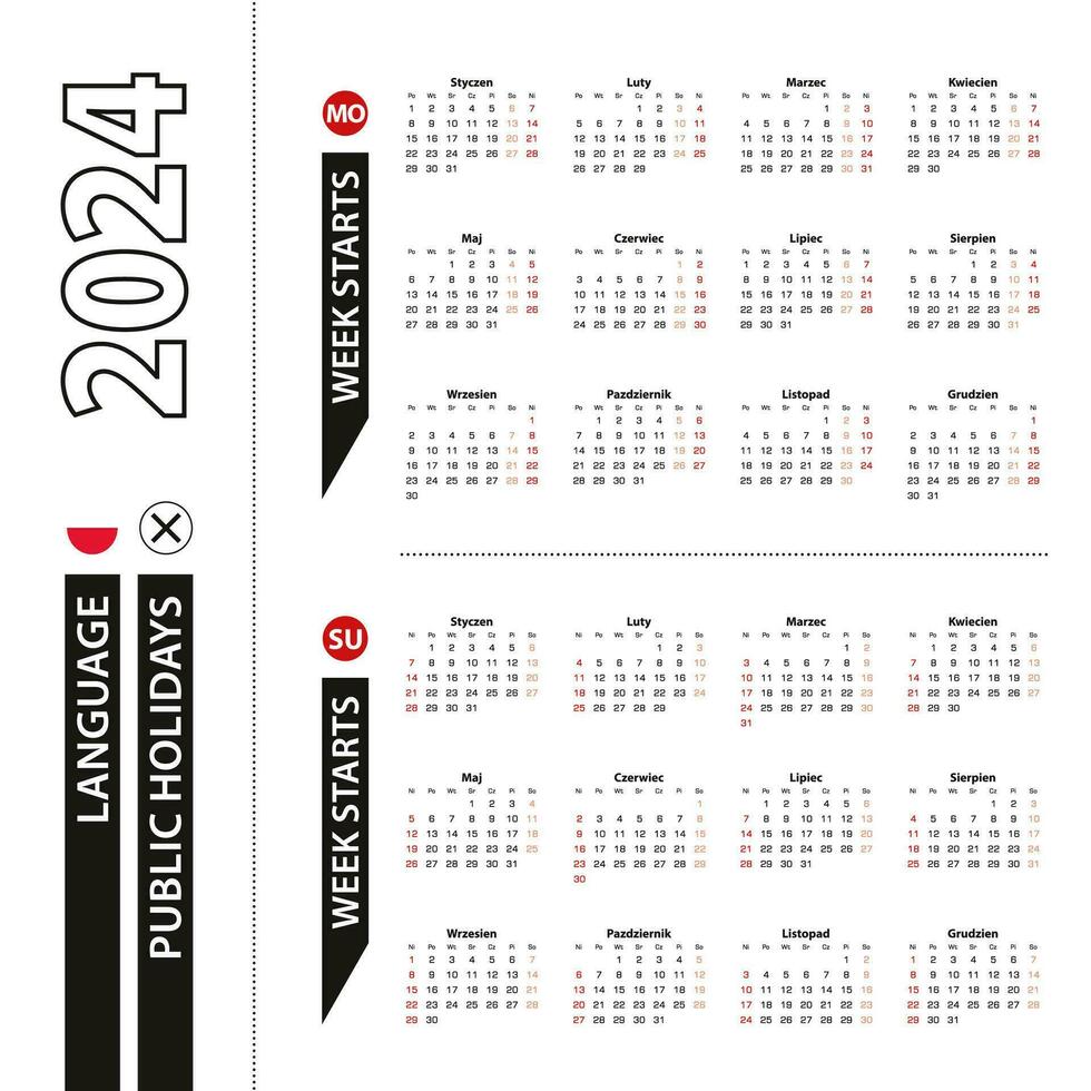 Two versions of 2024 calendar in Polish, week starts from Monday and week starts from Sunday. vector