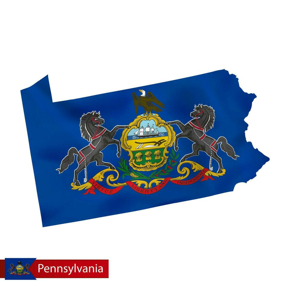 Pennsylvania state map with waving flag of US State. vector