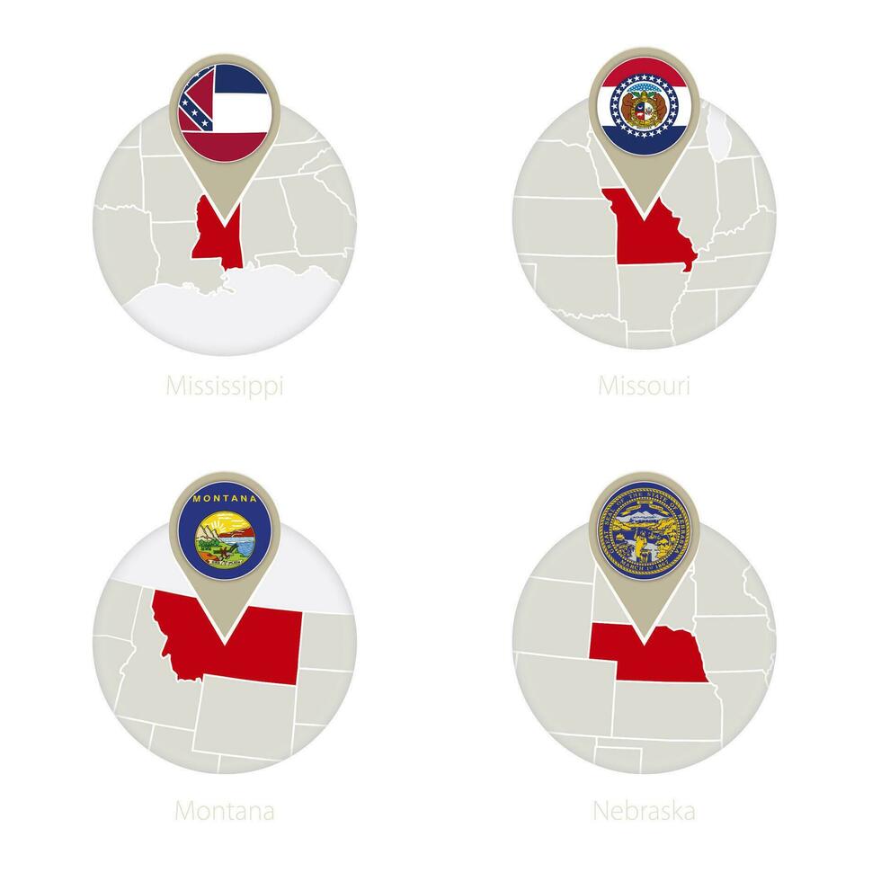 nosotros estados Misisipí, Misuri, Montana, Nebraska mapa y bandera en círculo. vector
