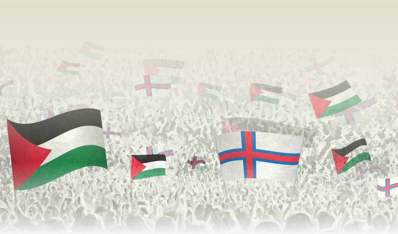 Palestine and Faroe Islands flags in a crowd of cheering people. vector