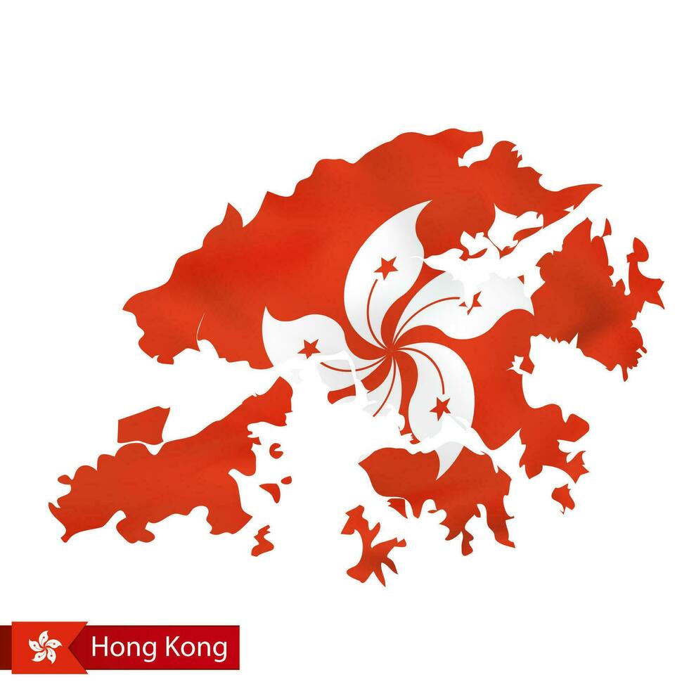 Hong Kong map with waving flag of country. vector