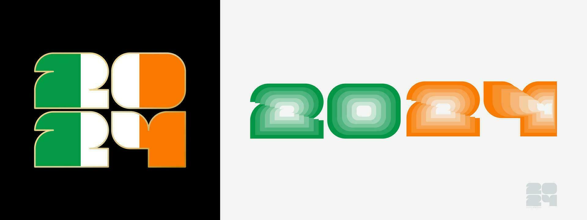 Year 2024 with flag of Ireland and in color palate of Ireland flag. Happy New Year 2024 in two different style. vector