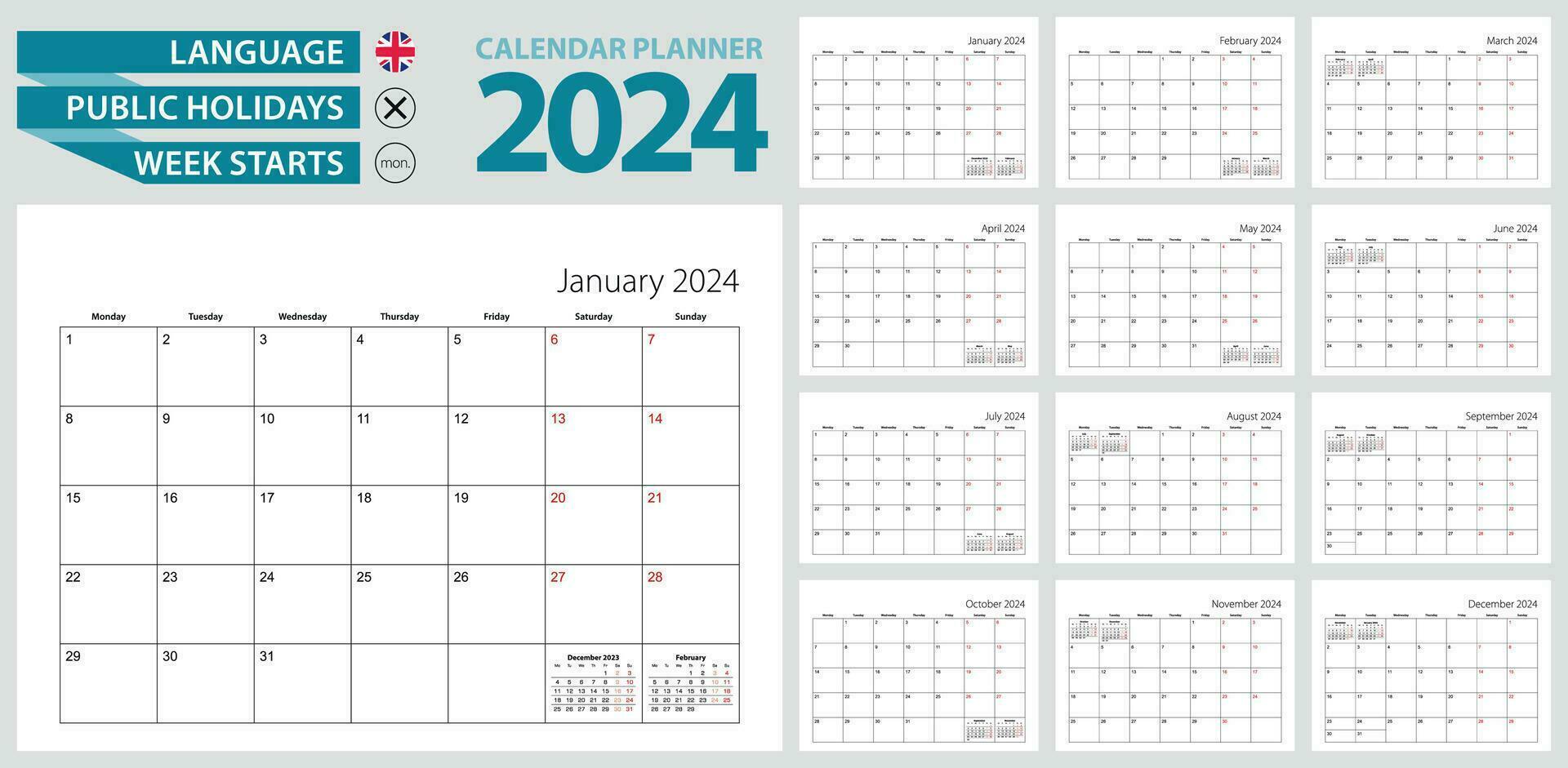 Wall calendar planner for 2024. English language, week starts from Monday. vector