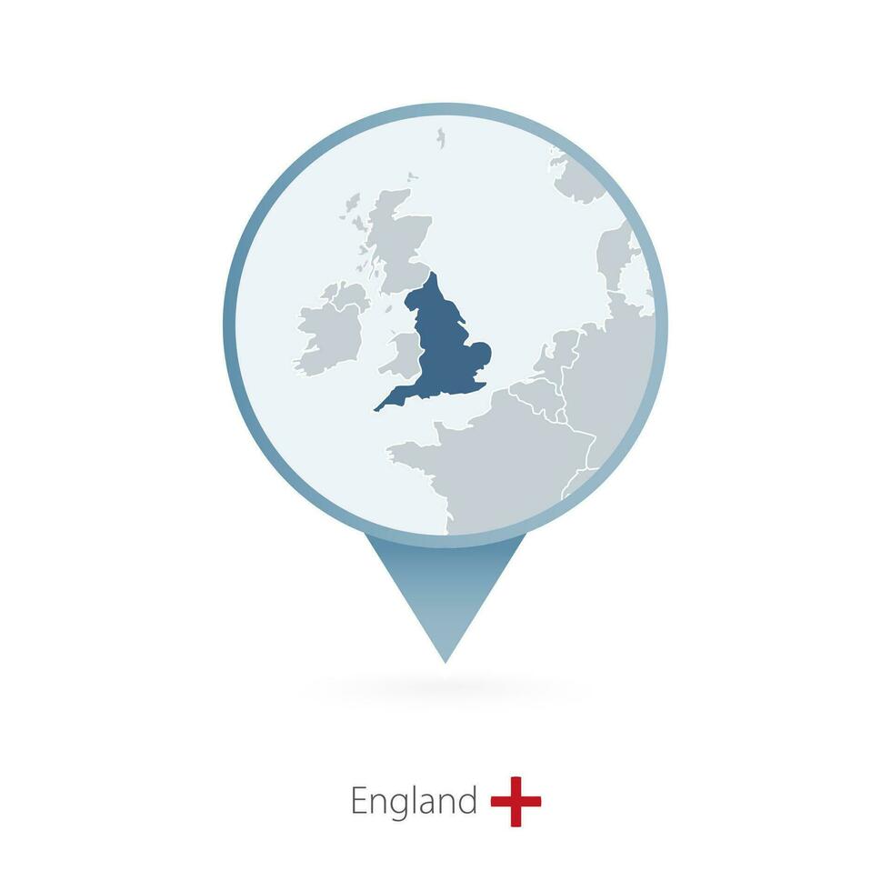 Map pin with detailed map of England and neighboring countries. vector