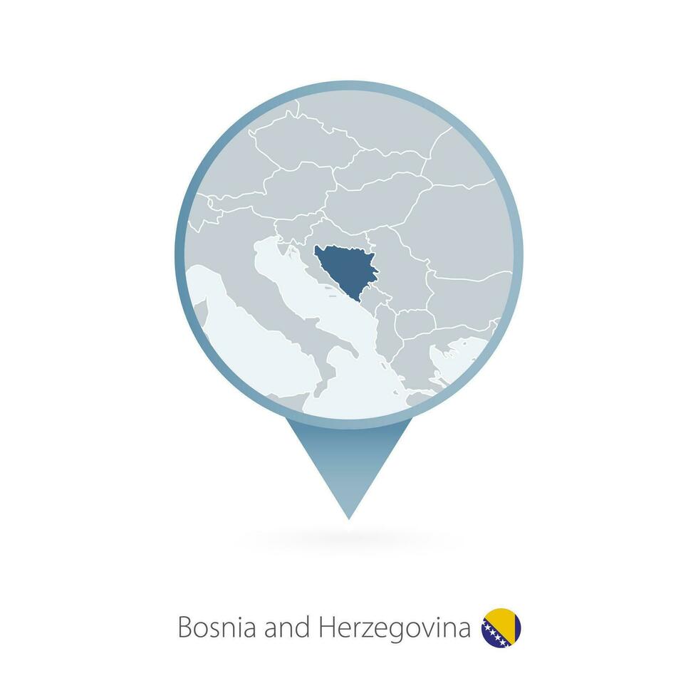 Map pin with detailed map of Bosnia and Herzegovina and neighboring countries. vector