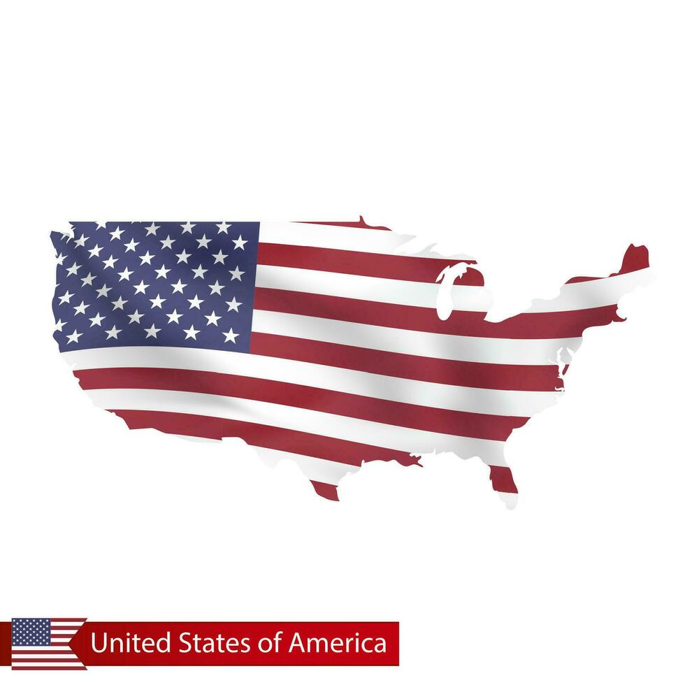 United States of America map with waving flag of country. vector